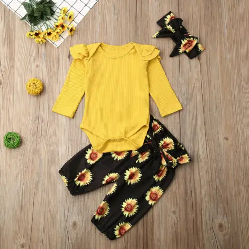 

Spring Baby Girls Clothes Outfits 3Pcs kids Cotton Clothes Ruffles Romper + Sunflower Harem Pants + Bow Hair Sets 0-24M