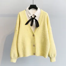 Женский кардиган, толстый кашемировый свитер, Осень-зима, однобортный Свободный кардиган с длинным рукавом, Женский вязаный жакет, пальто