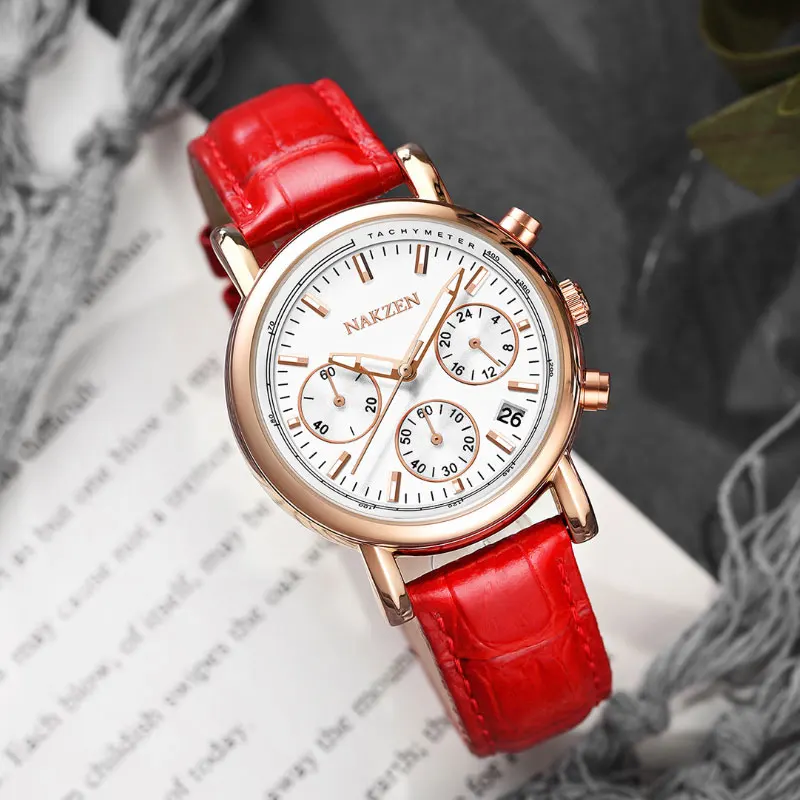 

New arrival Top brand women's watch black red leather strap waterproof ladies calendar business quartz clock relogio feminino