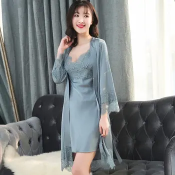 

New Lace Two-piece Suit Comfortable Breathable Simulation Silk Nightgown Sexy With Chest Pad Nightdress Multicolor Red Sleepwear