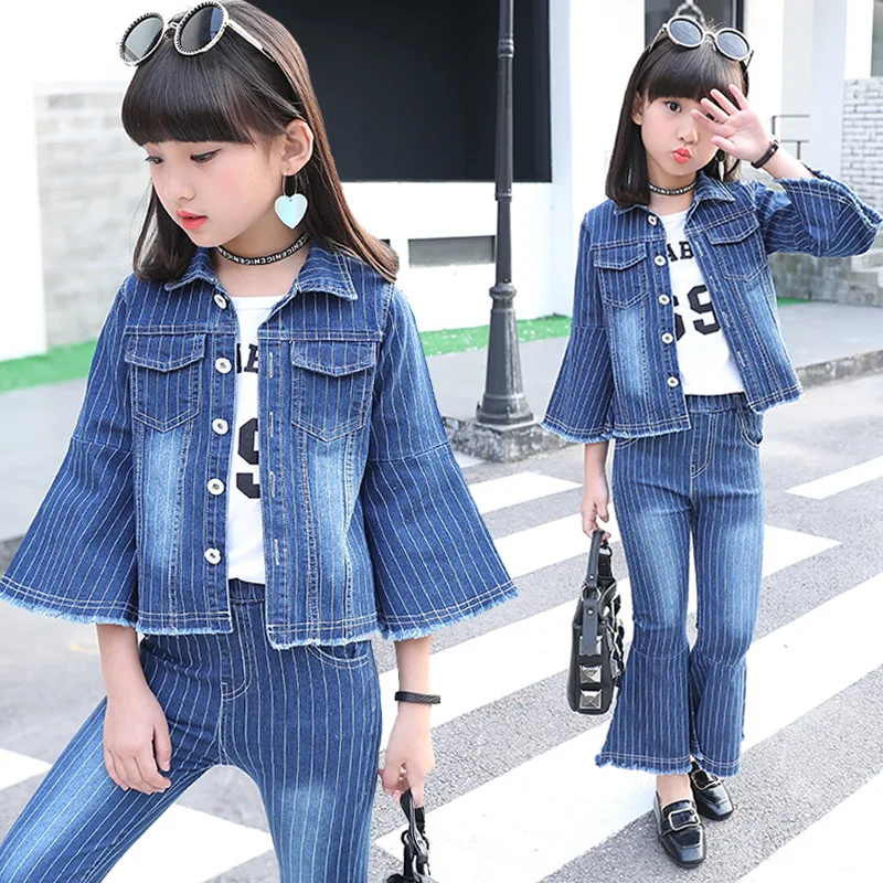 

Childrenswear Girls Denim Suit Autumn 2019 New Style Set Korean-style Bell-bottom Pants Three-piece Set