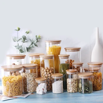 

Kitchen food container bamboo lid sealed cans food tea cans transparent storage jars kitchen whole grains beans storage bottles