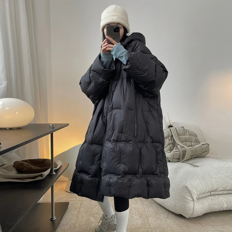 Luxury White Long women's winter jackets Newest Fashion Oversized Hooded Female Down coat Ladies feathers Outwear INKEO 1O436