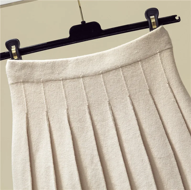 Зима Осень юбки женские плиссированные вязаные шерстяные мини-юбки с высокой талией эластичные однотонные Юбки-миди в консервативном стиле Saia