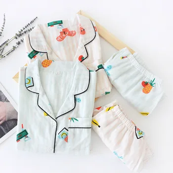 

Women Long Sleeved Tops&Trousers Cotton Gauze 2PCS Pajamas Set Cute Sleepwear Thin Nightwear Lounge Lapel Home Clothing Suit