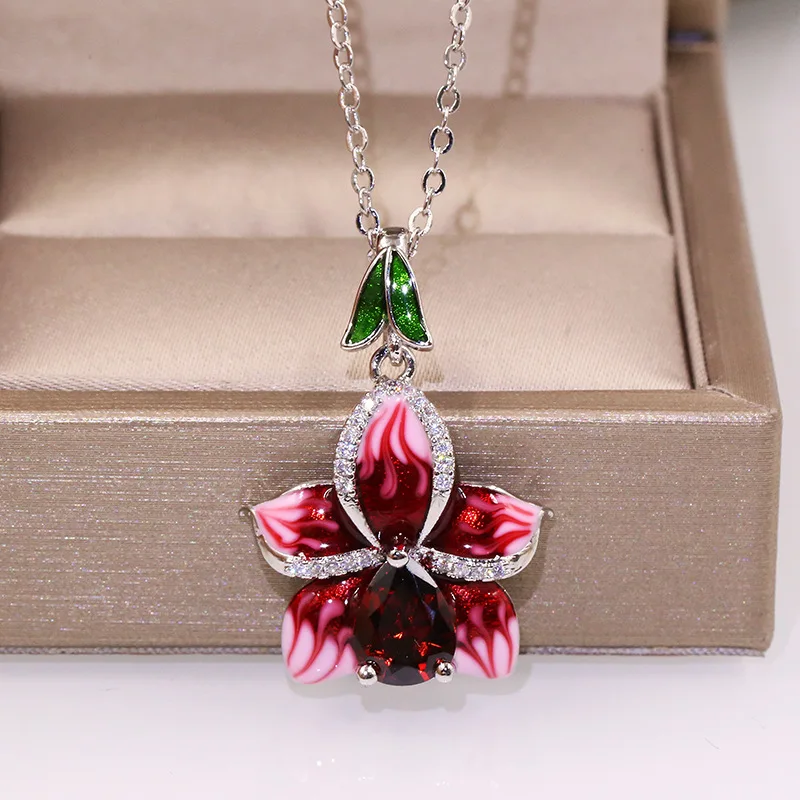 

1pc New Arrival Pink Epoxy Flower with Zircon Stone Silver Pendant Long Chian Necklace Choker for Women Fashion Jewelry