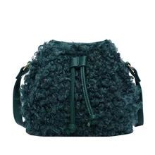 Теплая сумка через плечо из овечьей шерсти, коричневая сумка-мешок на шнурке, 4 цвета, черный, белый, коричневый, зеленый, Женская сумка-мешок на плечо