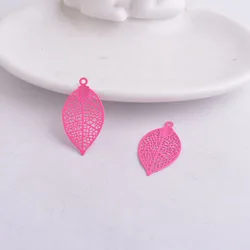 Set of 50 Painted Brass Leaf Charms - Elegant Filigree Pendants (Rose red)