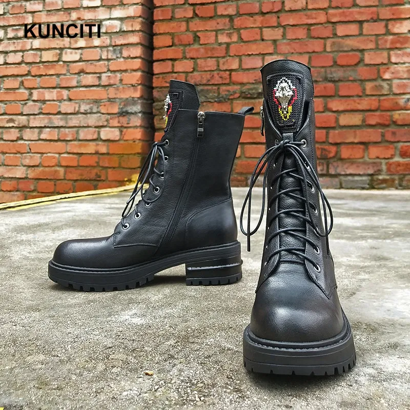 KUNCITI/ ковбойские ботинки для женщин; женские зимние ботинки до середины икры на высоком каблуке женские ботинки-гладиаторы на шнуровке натуральная кожа; D9195