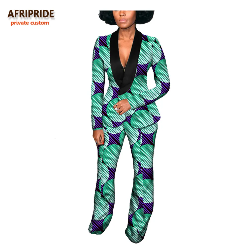 Осенний женский костюм в африканском стиле, AFRIPRIDE, индивидуальный, полный рукав, v-образный вырез, топ+ длинные штаны, чистый вощеный хлопок размера плюс, A722637 - Цвет: 340X-12