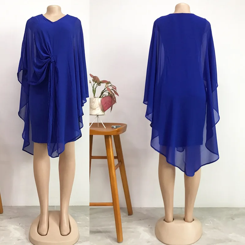 African New Fashion 2021 Summer African Large Size Dress Pure Color Loose V-Neck Bat Sleeve Dress Elegant Party Dress Vestidos