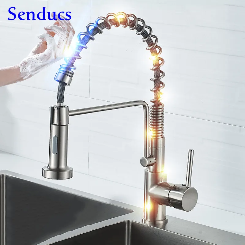 

Spring Touch Kitchen Faucet Senducs Brushed Kitchen Sink Mixer Tap Smart Touch Pull Out Kitchen Faucet Matte Black Sensor Faucet