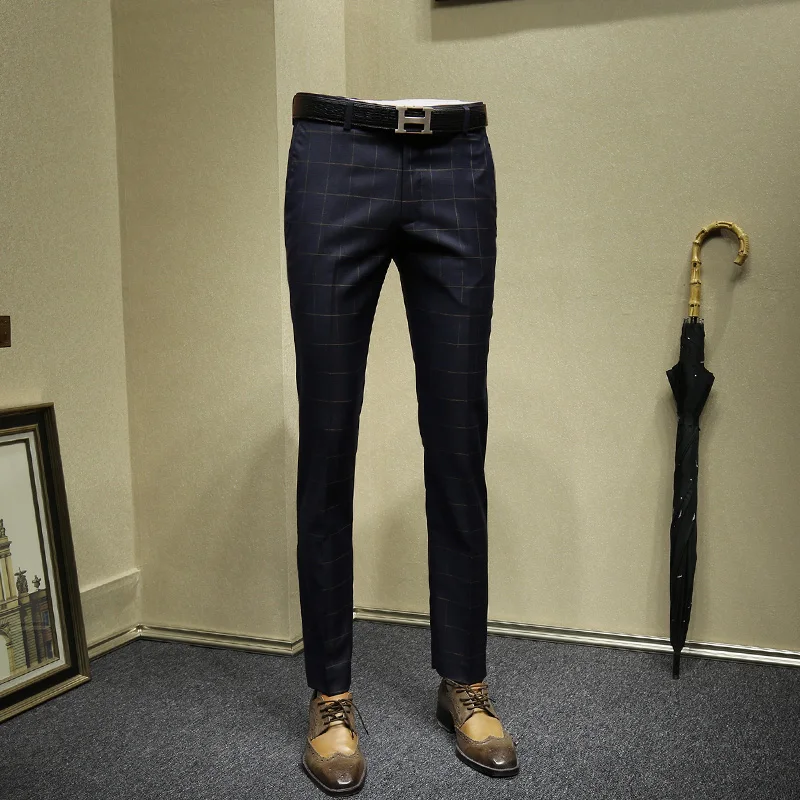 mens dress pants deep blue plaid slim fit retro suit pants formal pant for business man casual autumn wedding groom trouser