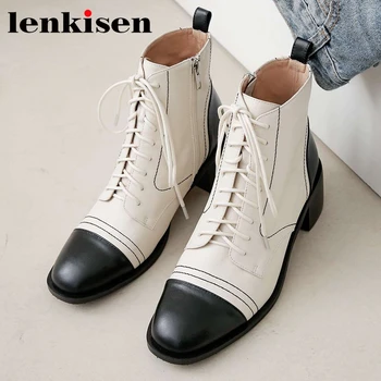 

Lenkisen winter shoes women genuine leather mixed colors square toe high heels cross-tied young lady keep warm ankle boots L29