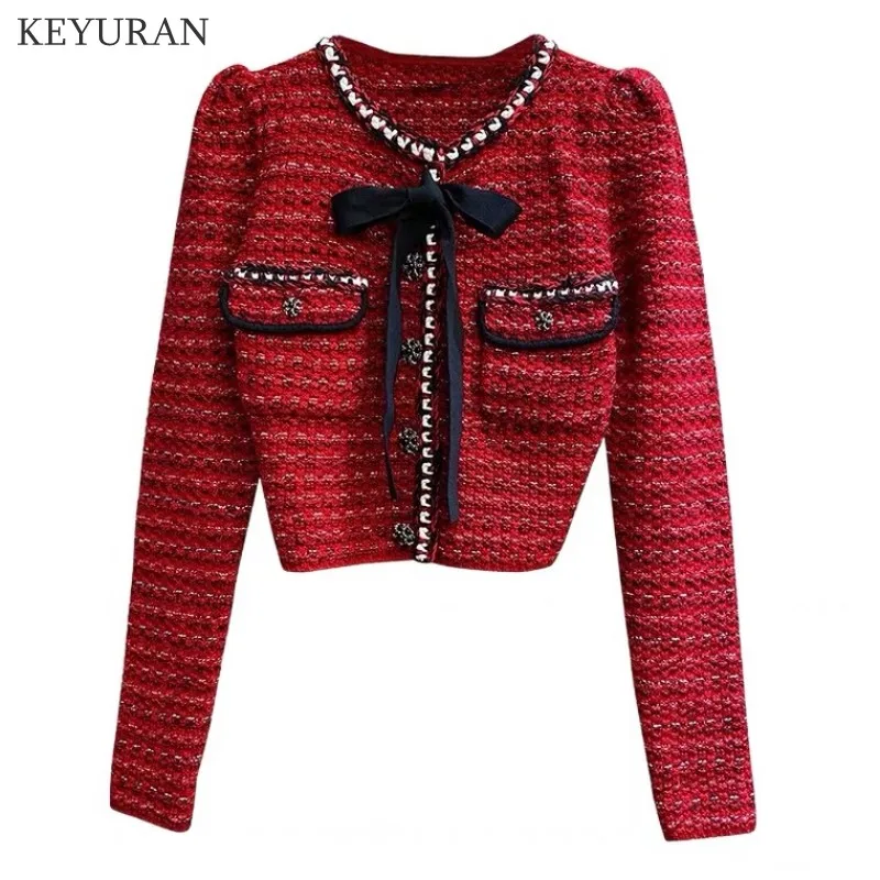 Red Rhinestone Button Knitted Cardigan Women Set 2021 Autumn Winter Ins Bow O-Neck Long Sleeve Crop Sweater Coat and Skirt Suit |