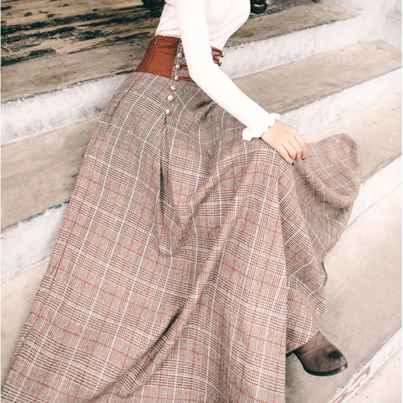 French Chic Vintage High Waisted Button Design Back Lace-Up Corset Skirt Women Autumn Winter Thick A-Line Long Maxi Wool Skirts 4