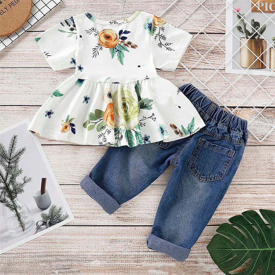 Children's girl suit short-sleeved flower print top + hole children clothes set jeans set camiseta termica infantil 40A1 (2)