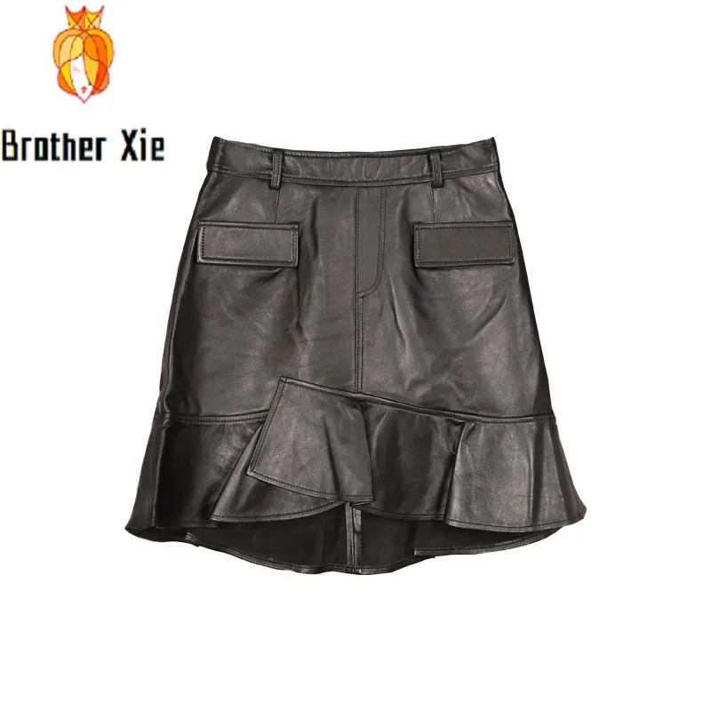 

Ladies Sexy Skirts Autumn 2020 New Fashion Genuine Leather Black Ruffle Pocket Vintage Elegant Casual Real Sheepskin Women Skits