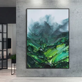 

Hand painted Abstract Oil Painting Green Mountain Wall Art Picture modern for Living Room home classroom restaurant Decoration