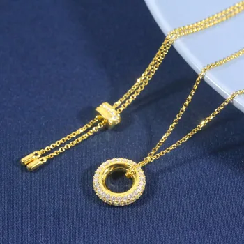 

SLJELY Fashion Simple Yellow Gold Color solid 925 Sterling Silver White Zircon Hoop Pendants Adjustable Necklace Women Jewelry