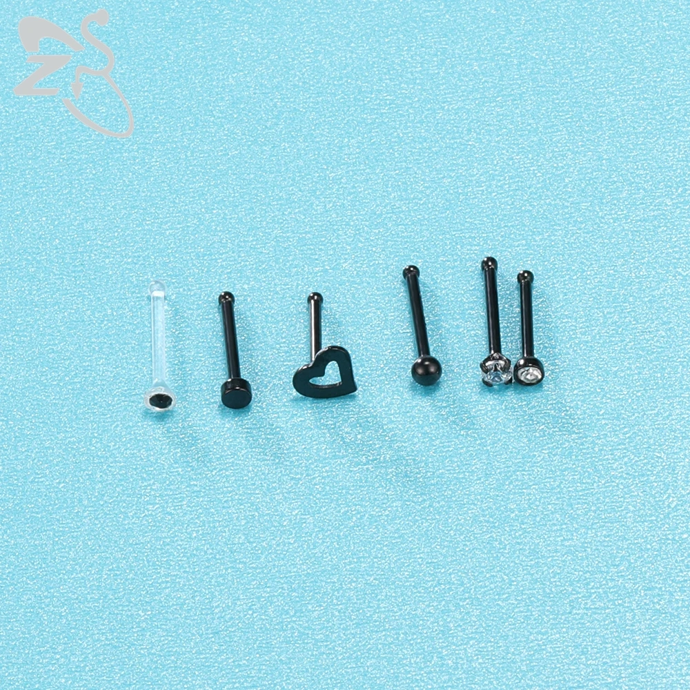 ZS 6-34pcs/Lot Heart Round Nose Piercing Ring Set Stainless Steel Crystal Nose Stud Pack L Shape Nose Nails Piercing Jewelry 20g