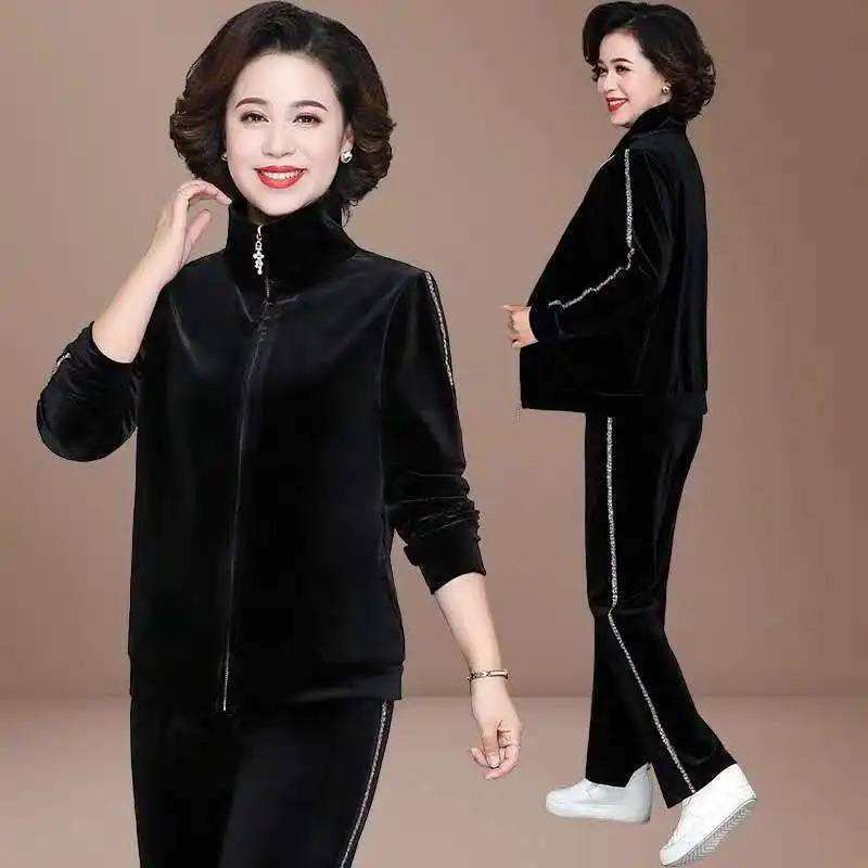 패션 엄마 벨벳 Tracksuit 여성 벨벳 운동복 2 조각 세트 봄 가을 캐주얼 지퍼 자켓과 바지 정장 4XL 블랙 네이비