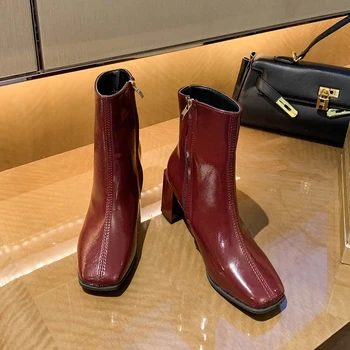 

Solid Ankle Boots For Women Casual Block Heels Waterproof Boots Women Patent Leather Black Women's Ankle Boots Short Shoes