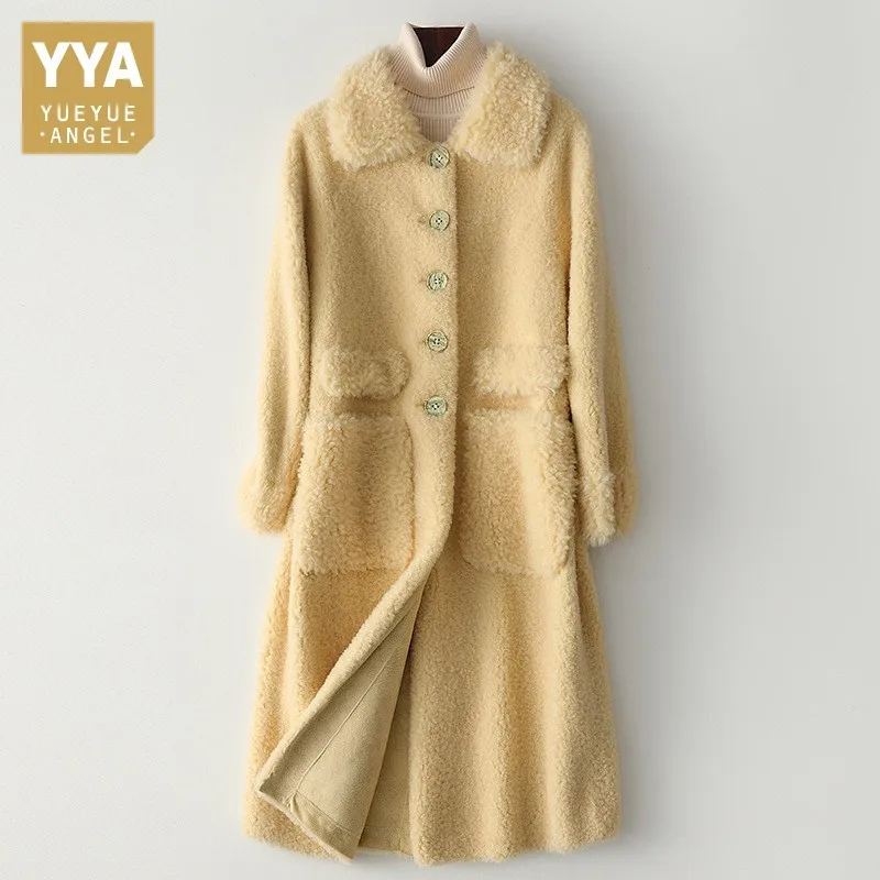 

Fashion Sheep Shearing Thick Warm Fur Womens Outwear Coats Single Breasted Lapel Pockets Medium Length Femlae Casual Jackets