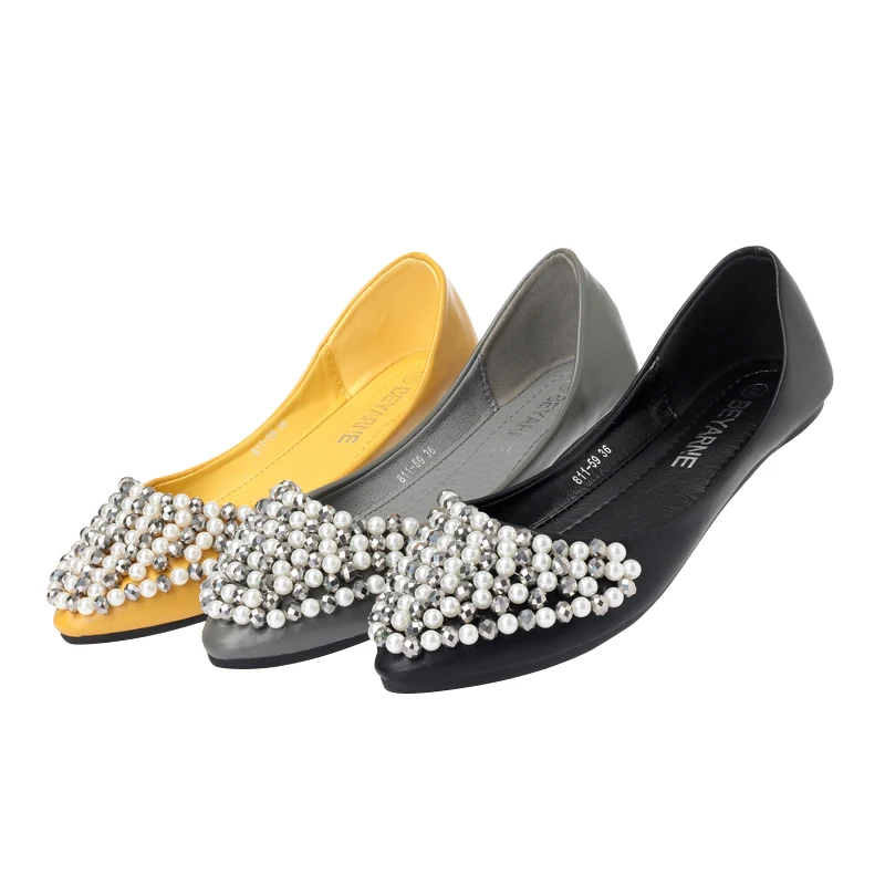 

35-41 Women Flats Shoes Fall 2019 String Bead Pearls Pointed Toe Solid Color Lady Flats Pu Leather Loafer Moccasins Casual Shoes