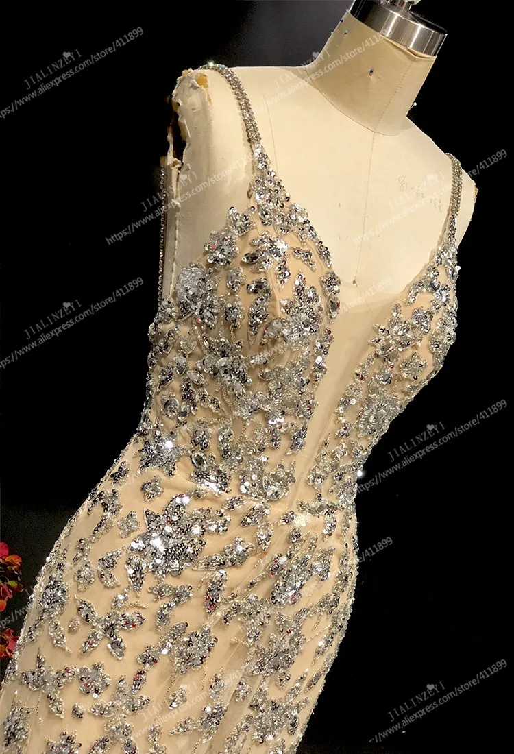 Rhine реальные фотографии сексуальное обнаженное с серебристыми бусинами Русалка модное арабское выпускное платье Вечерние платья Длинные