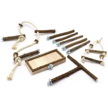 

10Pcs Natural Wooden Bird Swing Toys Parrot Stand Rod Platform Ladder Cage Decor