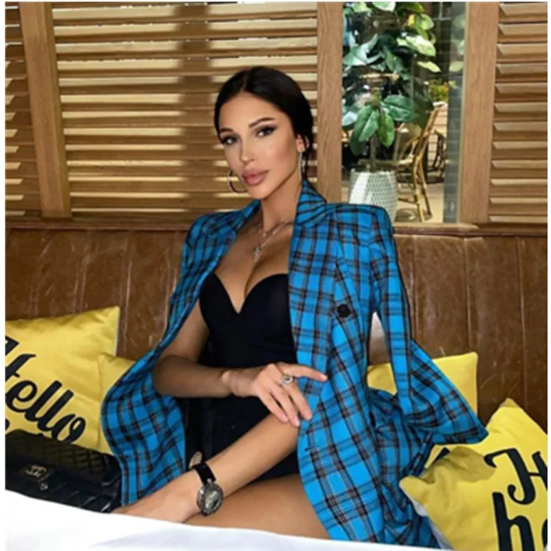 Fall 2020 new fashion Plaid long sleeve fake pocket slim casual suit coat oversized blazer  suit women blazer set