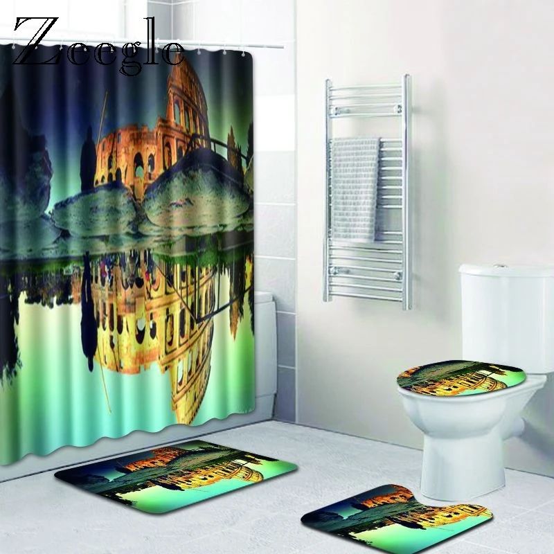 Zeegle 4pcs Bath Mat Set Bathroom Waterproof Curtain Anti Slip Toilet Pedestal Rug Foot Mat Flannel Soft Toilet Seat Cover Mat