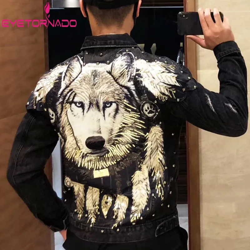 

Sequined Wolf Rivet Denim Jacket Plus Size Men Single Breasted Pockets Punk Streetwear Jeans Jacket Korean Style Short Jackets