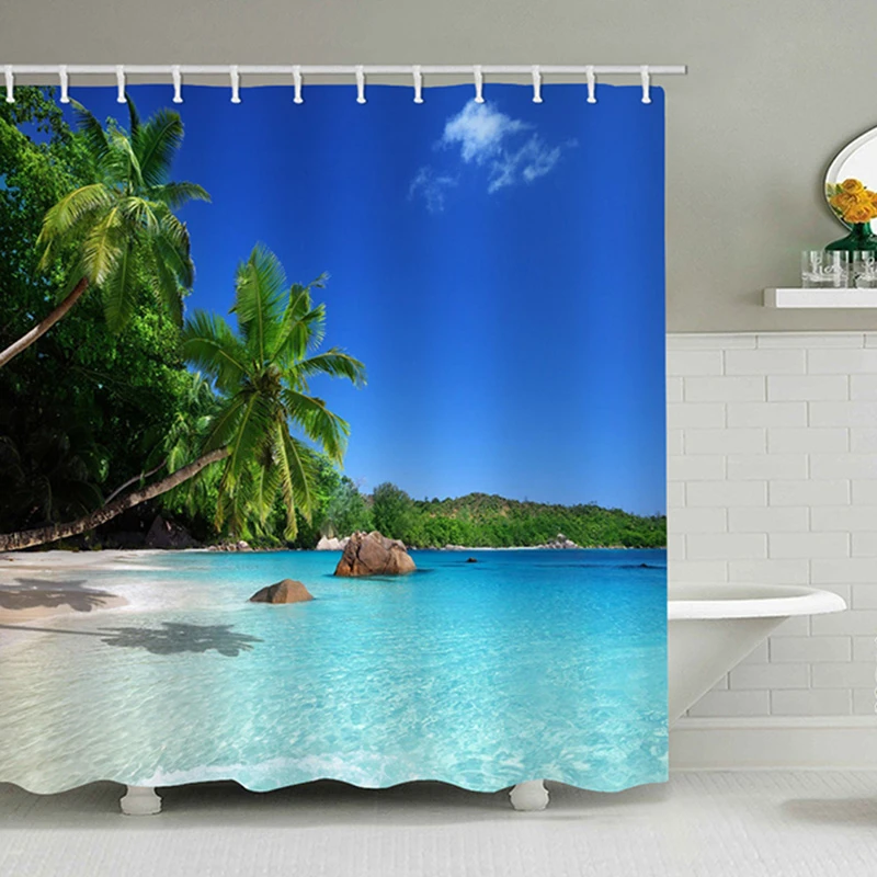 

Beach Shower Curtain Coconut Tree Blue Sky Sea Beach Shower Curtain High Quality Waterproof Polyester Bath Screen For Home Decor