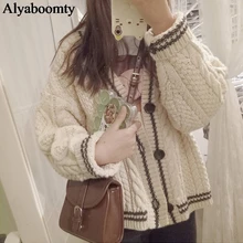 Japan Preppy Style Autumn Winter Girl's Warm Overcoat V Neck Apricot Oversized Baggy Sweater Elegant Cute Kawaii Women Cardigan