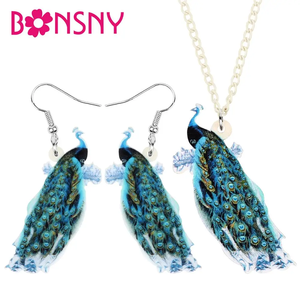 Bonsny акриловые милые животные Павлин птица Peafowl Ювелирные наборы ожерелье серьги