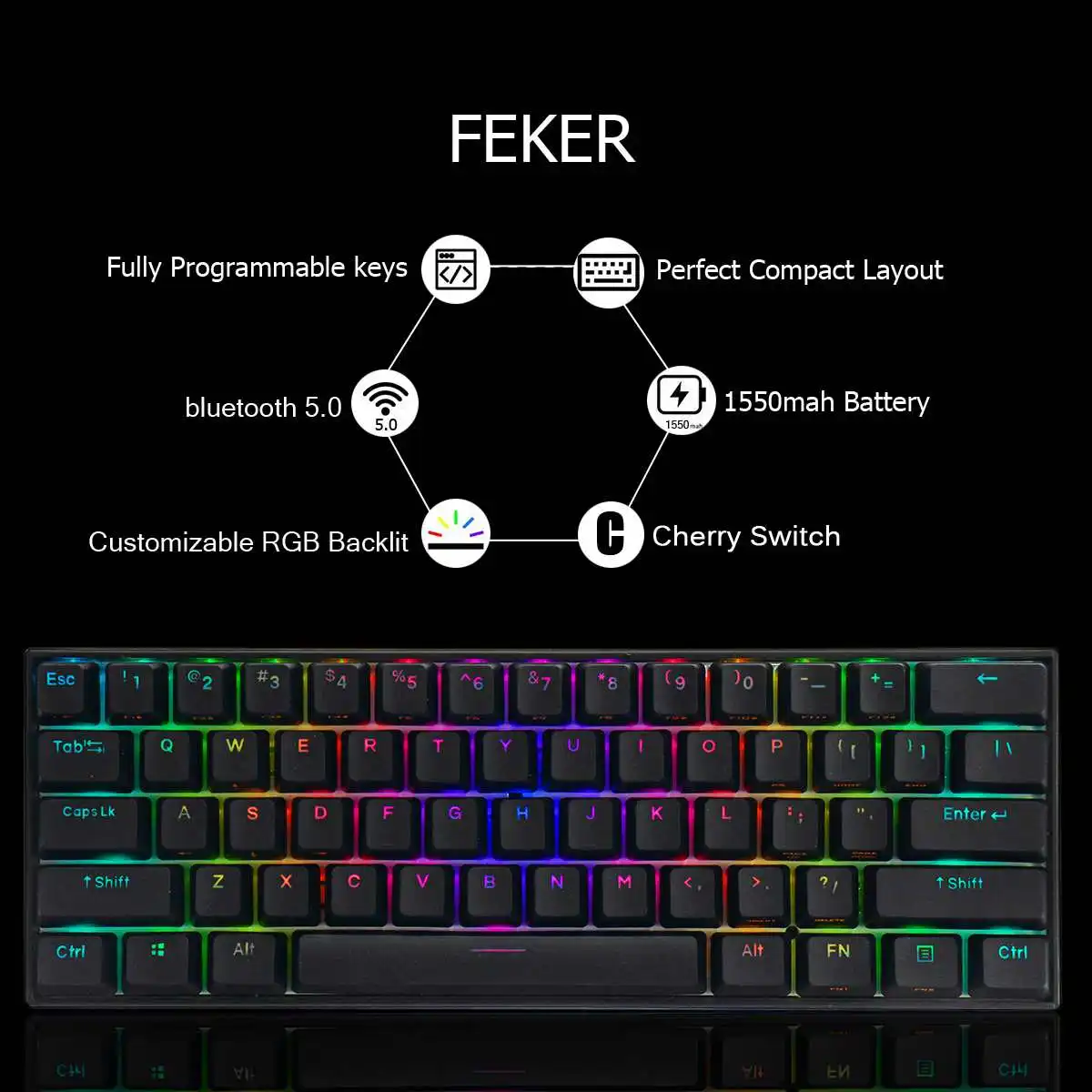 FEKER 60% NKRO 61 клавиша bluetooth 5,0 type-C RGB Cherry MX Переключатель PBT двойная клавиша Механическая игровая клавиатура
