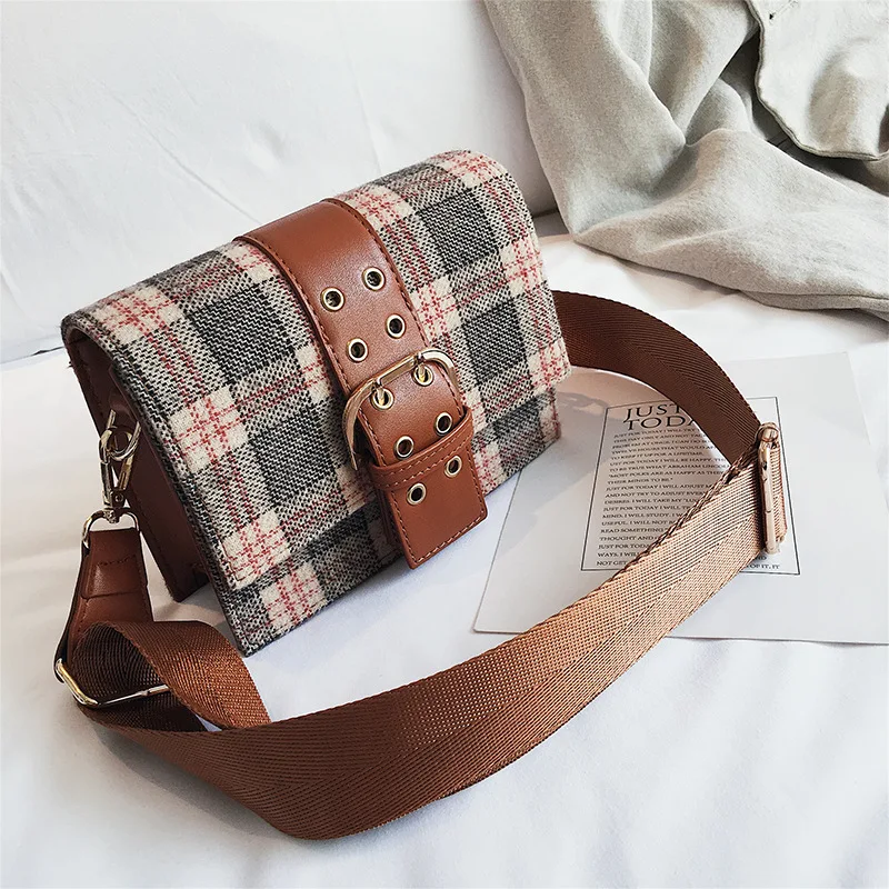 

Korean-style Woolen Plaid Stereo Square Sling Bag Leather Belt Shoulder Oblique WOMEN'S Bag