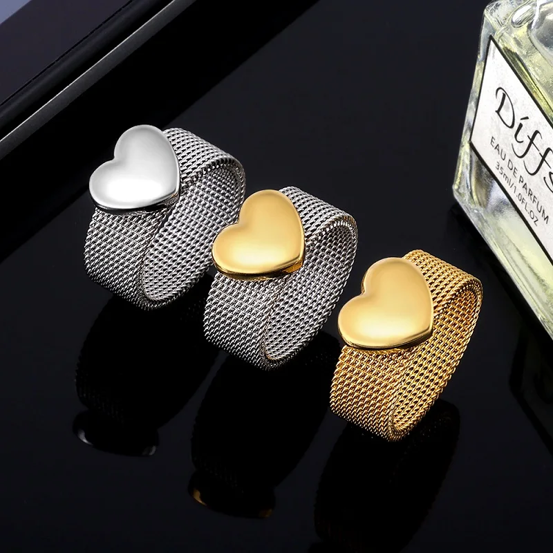 Stainless Steel Gold Color Ring Heart Shape Mesh Rings For Men Women Lover Jewelry Gift