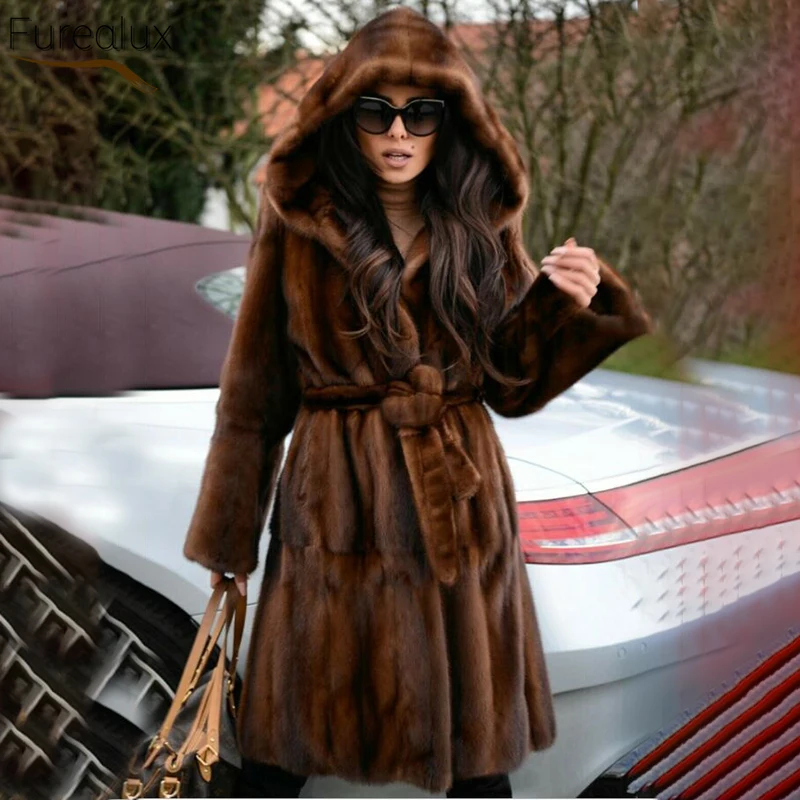 Furealux Winter 100% Real Mink Fur Coat Full Genuine Leather Women High ...