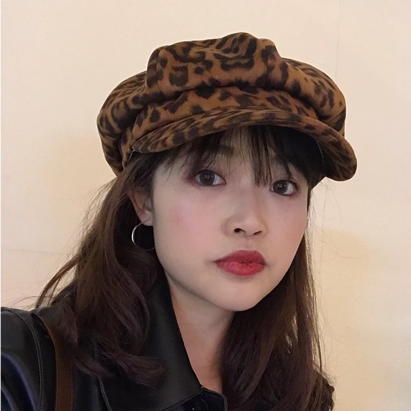 [Lakysilk] Female Leopard Hat Winter Women Print Caps Ladies Casual Beret Hats Woman Girls Fashion Cotton Baseball Caps