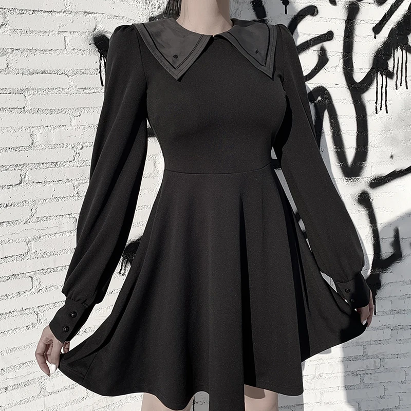 InsGoth Harajuku винтажное Мини Черное платье Готическая уличная одежда с длинным рукавом тонкое женское Короткое платье повседневное платье для колледжа