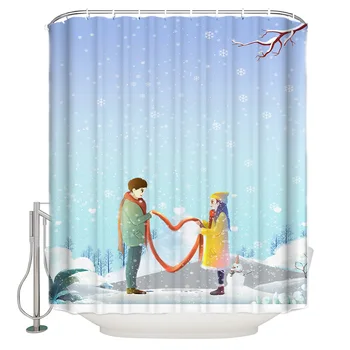

Valentines Day Couple Winter Snow Love Scarf Bathroom Decorative Fabric Waterproof Polyester Shower Curtain