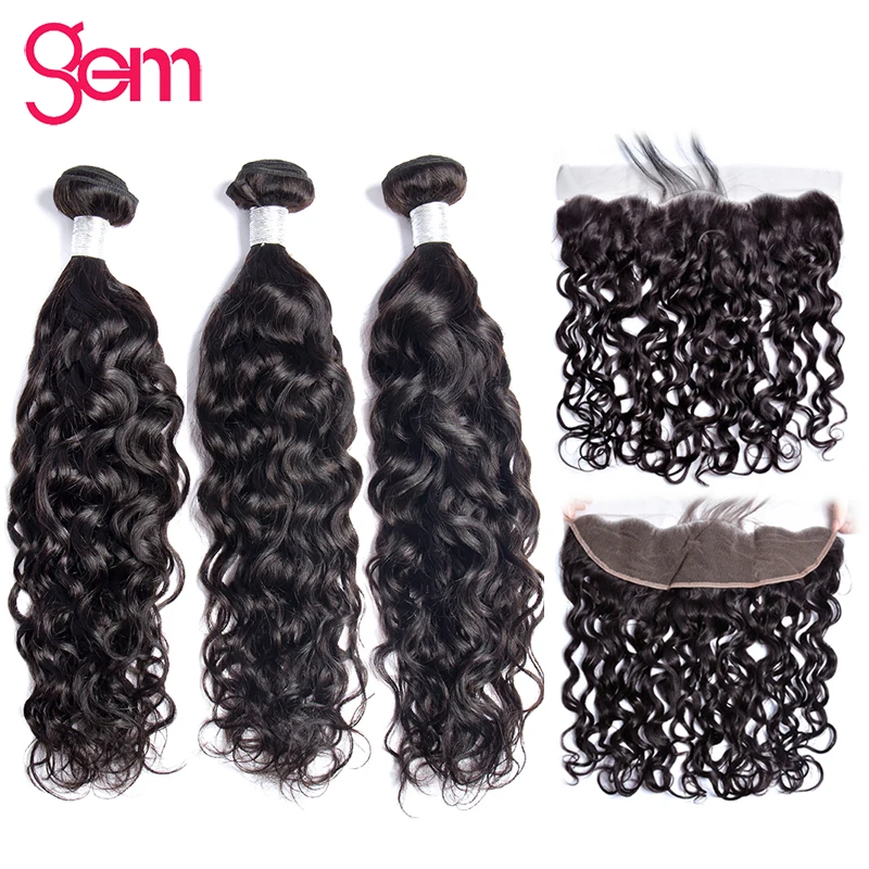

Water Wave Bundles With Frontal Brazilian Human Hair Weave 3 Bundles With13x4 Frontal Natural Color GEM Remy Hair Extension
