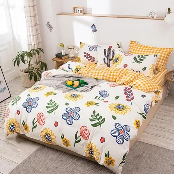 

4 PCs Bedding Set Home High Quality Lovely Pattern with Star Tree Flower Plaid Simple Cartoon Luxury Sheet Quilt Cover Student