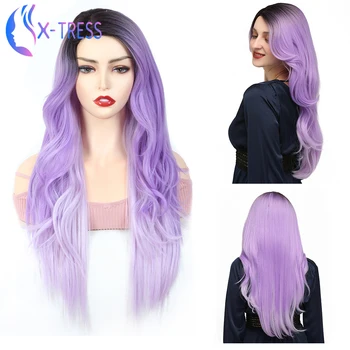 

Synthetic Lace Part Wigs Highlight Purple Color Women's Hair 26 Inch Long Romantic Wavy X-TRESS Heat Resistant Fully Soft Wig