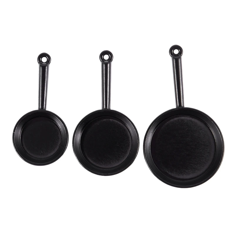 

1/12 Scale 3pcs Dollhouse Miniature Metal Frying Pans Cooking Pot Cookware Kitchen Accessory Black