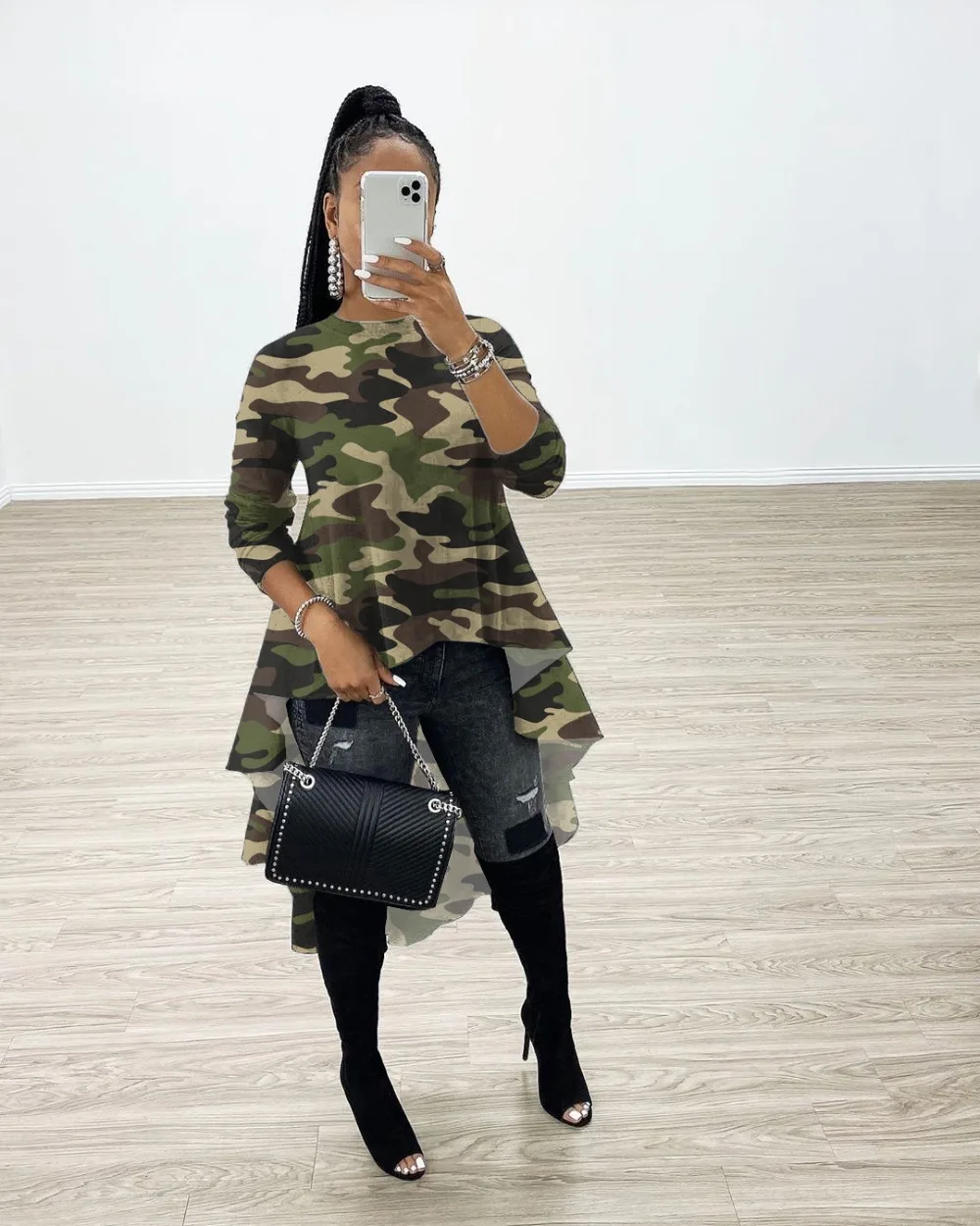 Camoufalge спереди короткая сзади длинная футболка Весенняя уличная Женская О-образный вырез длинный рукав большая свободная футболка Femme Топ 4 цвета