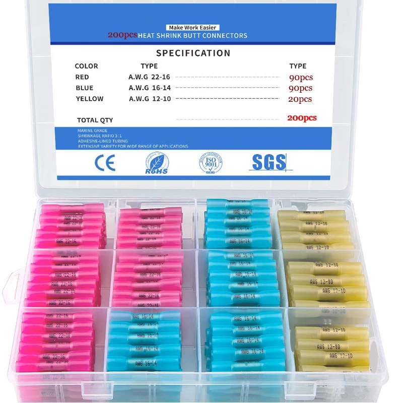 

100/200Pcs Waterproof Heat Shrink Butt Connectors Box Electrical Wire Splice Cable Crimp Terminals Connectors Ternimals Kit